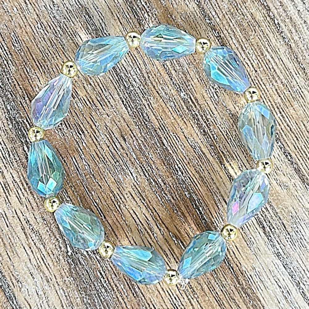 Birch House Jewelry Teardrop glass blue iridescent and gold beaded bracelet